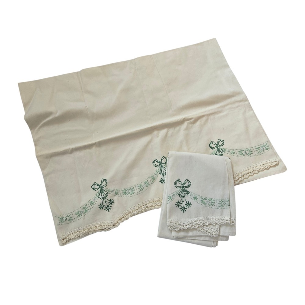 Vintage Embroidery Floral Pillowcases PAIR Cottage Core Granny Boho Green Floral